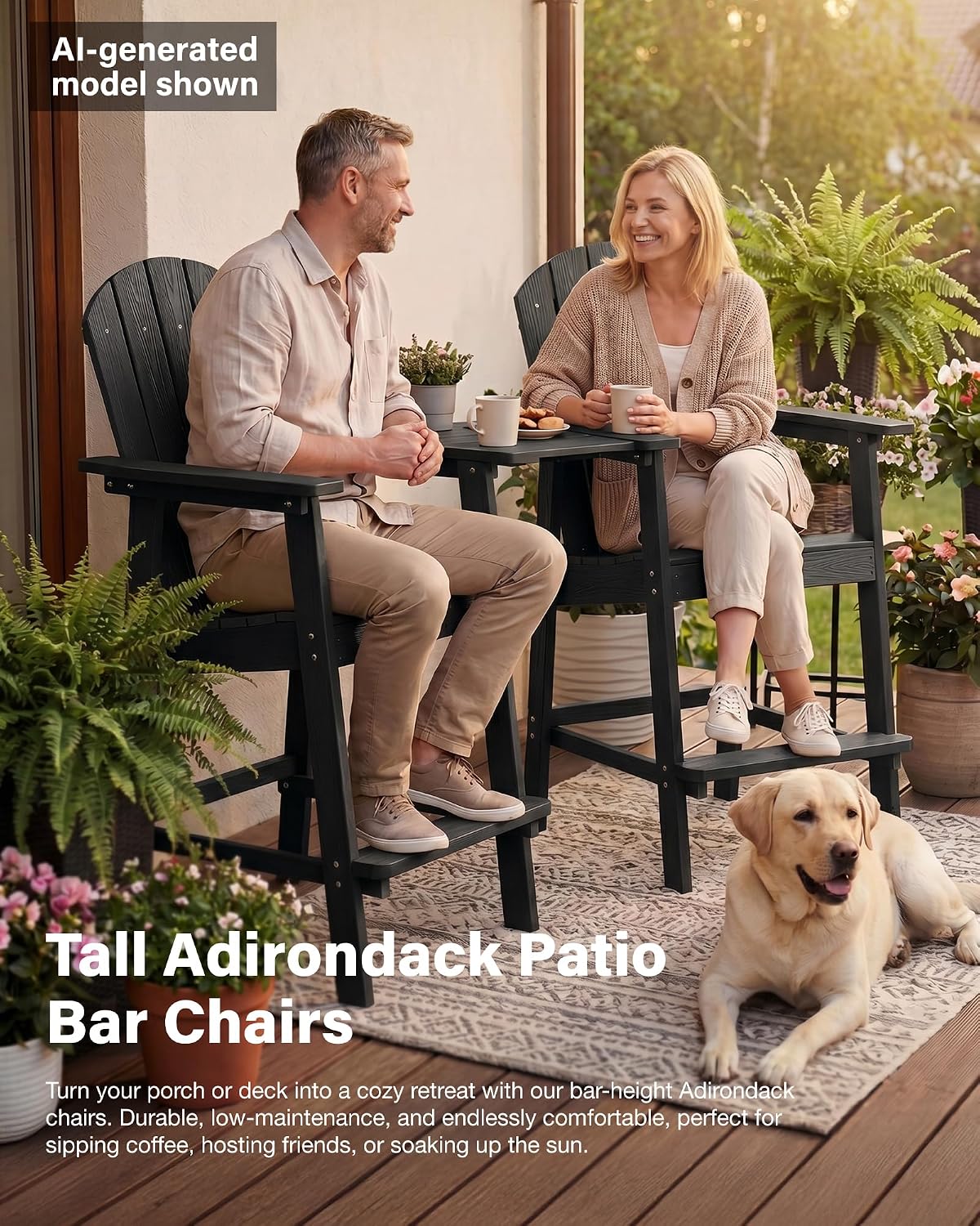 YEFU Tall Adirondack Chairs Set of 2: Oversize Balcony Adirondack Chairs Set - Outdoor Bar Height Barstools Widened Chair with Wood Grain - Weather Resistant for Deck Backyard Yard Poolside Pool