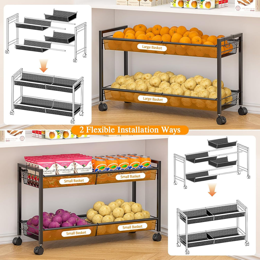 3IngSeagulls 2-Tier Expandable Rolling Pantry Floor Organizer, Stackable Pantry Storage Cart with Wheels, Kitchen Fruit and Vegetable Storage Rack for Onion, Potato, Food, Snacks