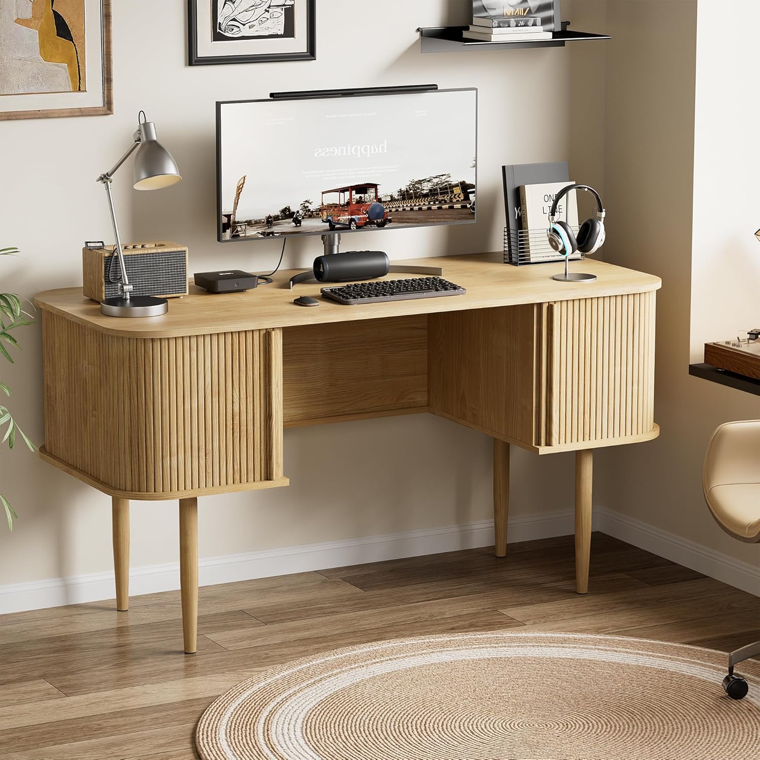 Furniway 55" Modern Writing Desk with Sliding Doors, Wood Home Office Desk with Storage, Computer Desk for Study, Living Room, Dorm, Natural