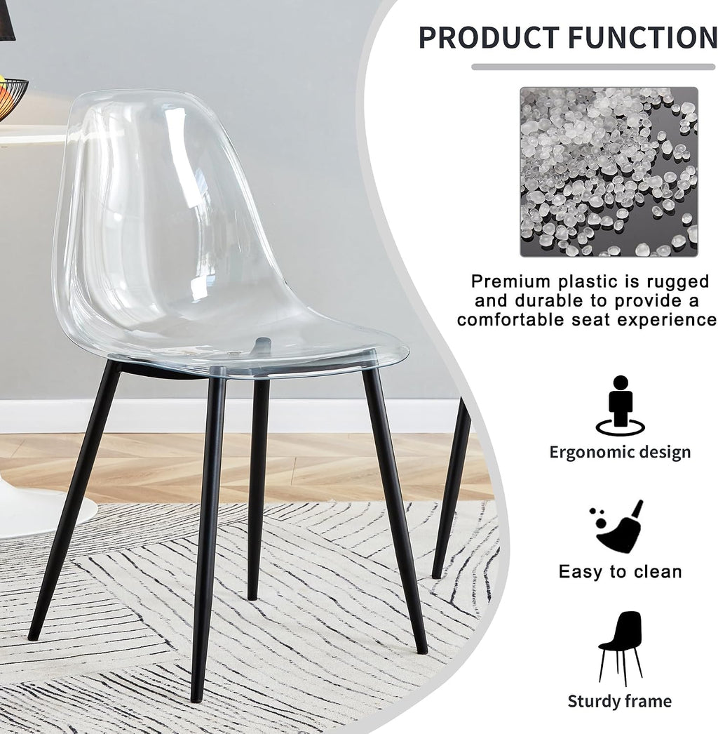 Baysitone 51 inch Glass Dining Table Set for 4, Dining Table & Chair Sets with Black Metal Legs for Kitchen, Modern Rectangle Tempered Glass Table Top&Transparent Plastic Dining Chair for Dining Room