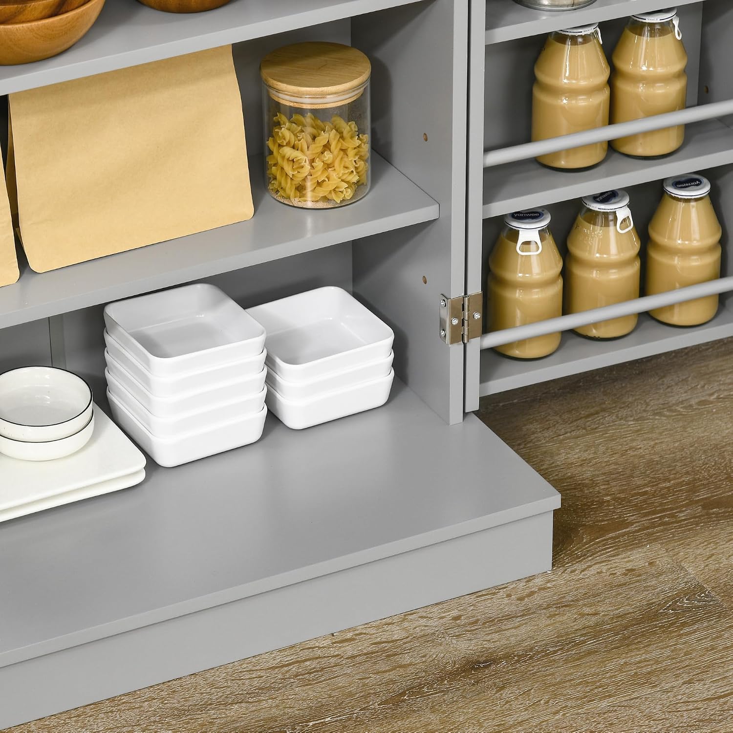 41" Kitchen Pantry Storage Cabinet, Freestanding Kitchen Cabinet with 12 Door Shelves, Double Doors, 5-Tier Shelving and Adjustable Shelves, Paper Gray