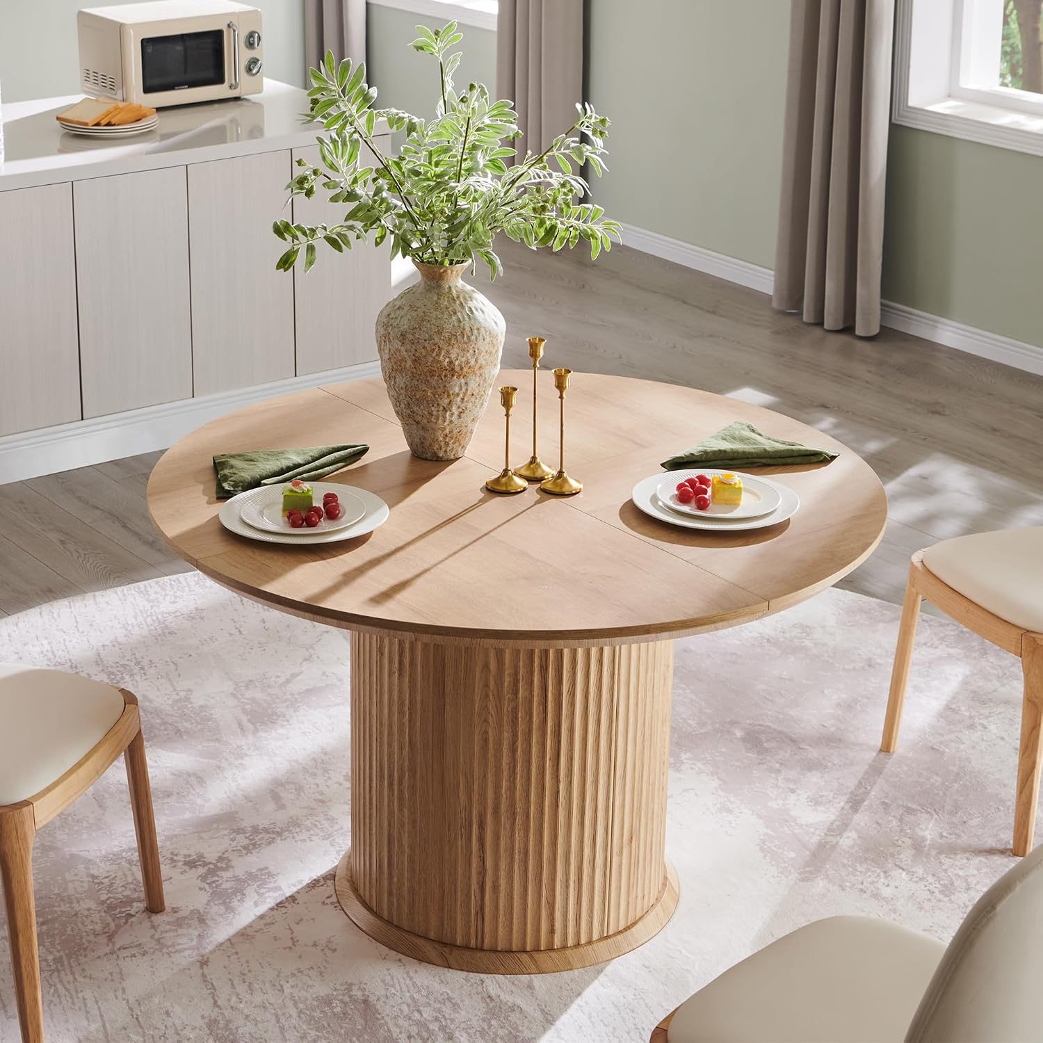 OKD Fluted Round Dining Table for 4, 47" Modern Kitchen Table with Thickened Edge & Cylindrical Base for Kitchen Living Room,Natural Oak(Table Only)