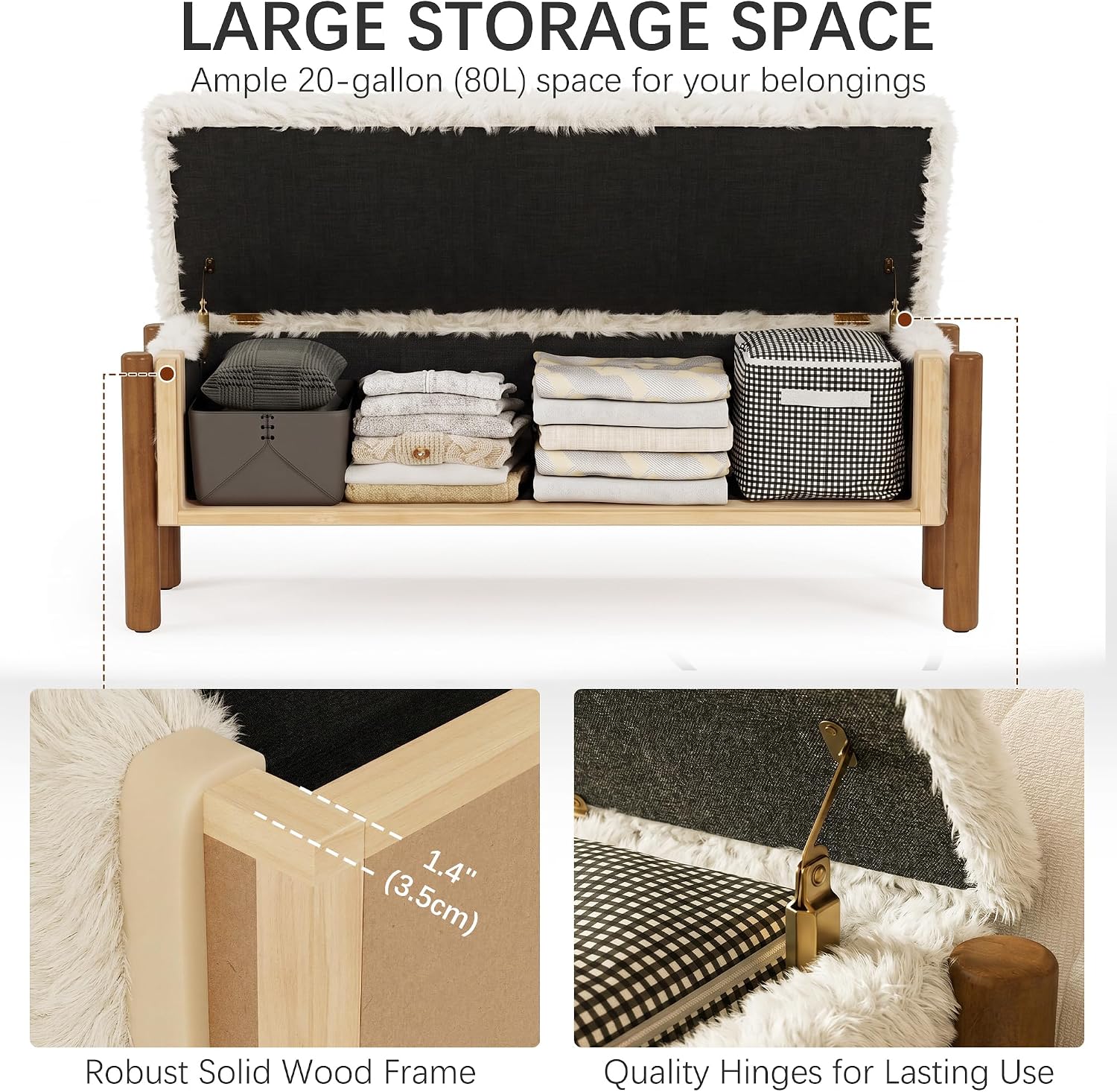 Modern Storage Benches with Walnut Wood Legs, 47'' Ottoman Bench with 20 Gallons Storage Space for Bedroom End of Bed, Faux Fur Fabric Upholstered Entryway Bench, Beige