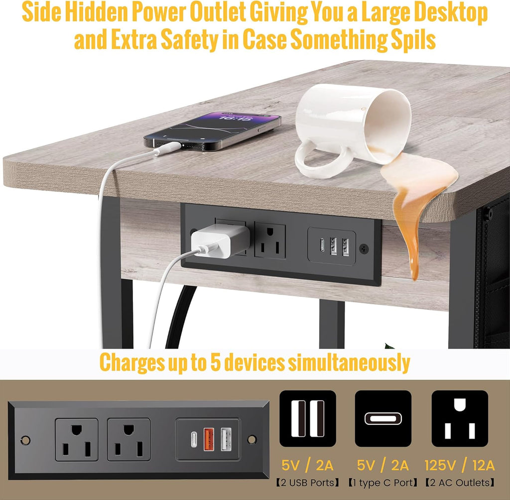 Yenlure Small Side Table with Charging Station, Narrow Nightstand Bedside Tables with Storage Pocket for Living Room Bedroom, Sofa End Table with USB Ports and Power Outlets for Small Spaces, Greige