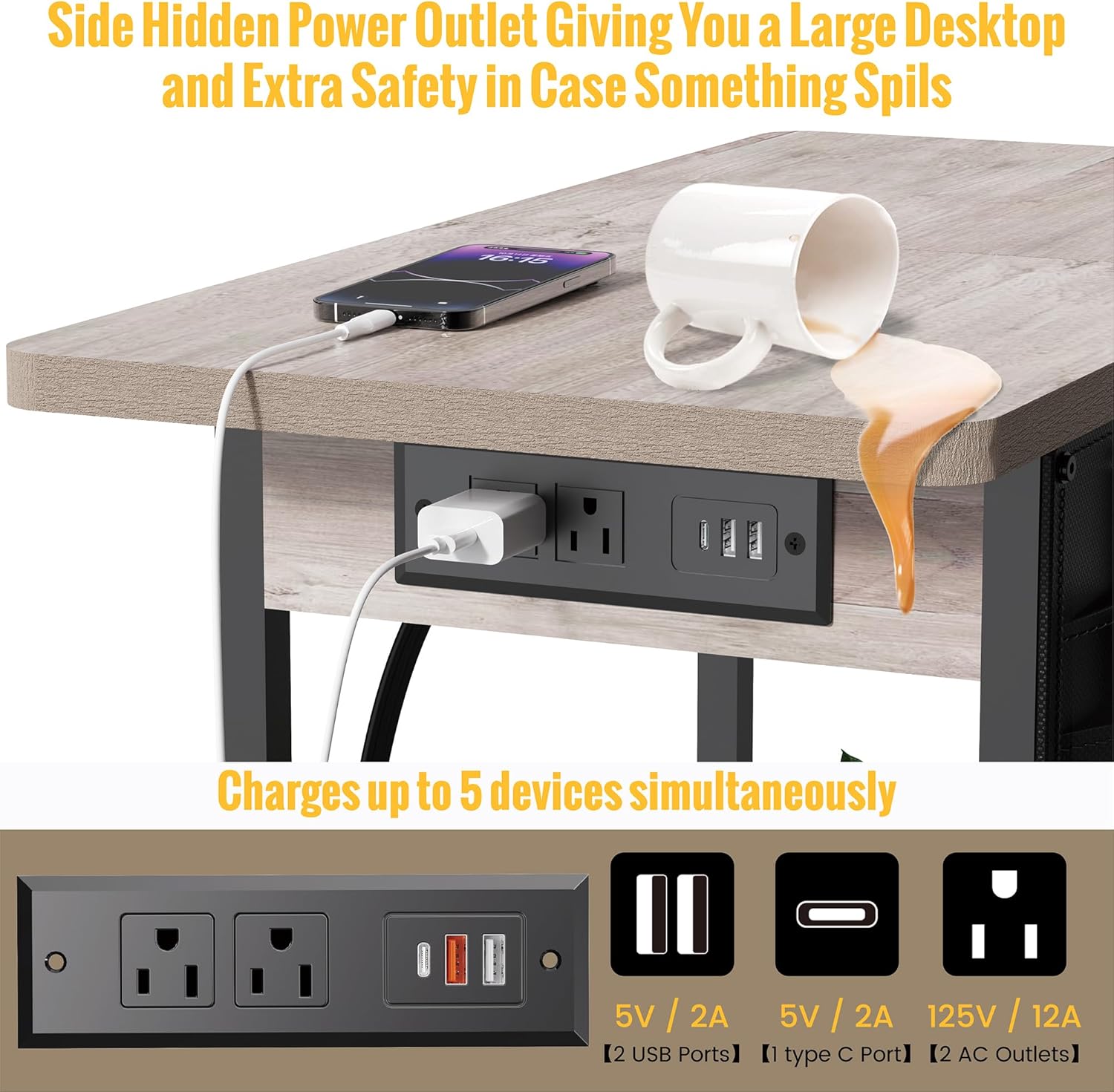 Yenlure Small Side Table with Charging Station, Narrow Nightstand Bedside Tables with Storage Pocket for Living Room Bedroom, Sofa End Table with USB Ports and Power Outlets for Small Spaces, Greige