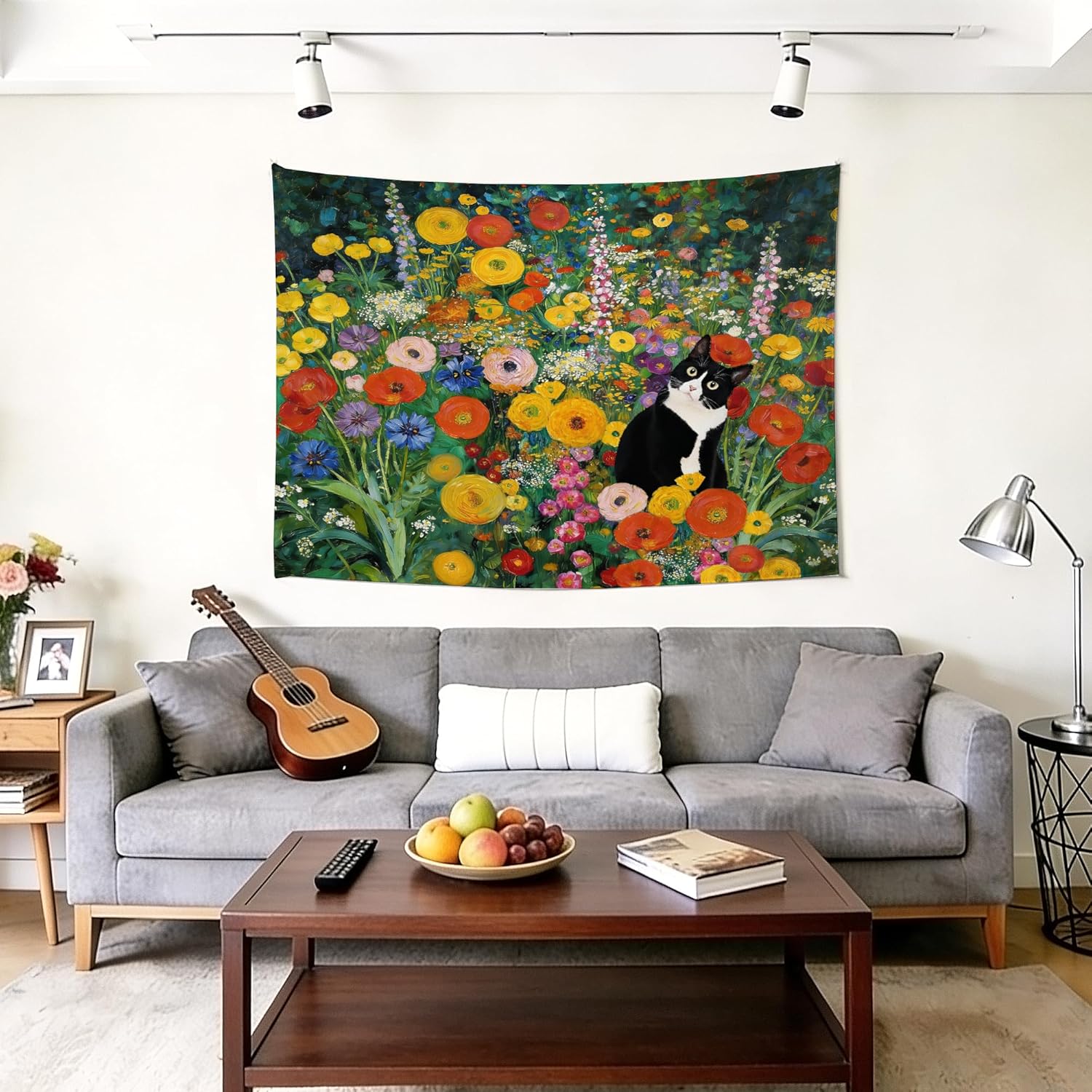 gsgfdshf Gustav Klimt Inspired Tuxedo Cat Wall Tapestry, Cat Room Decor, Colorful Floral Black and White Kitty Tapestry Wall Hanging for Bedroom Living Room Home Decor, 50x60 Inch