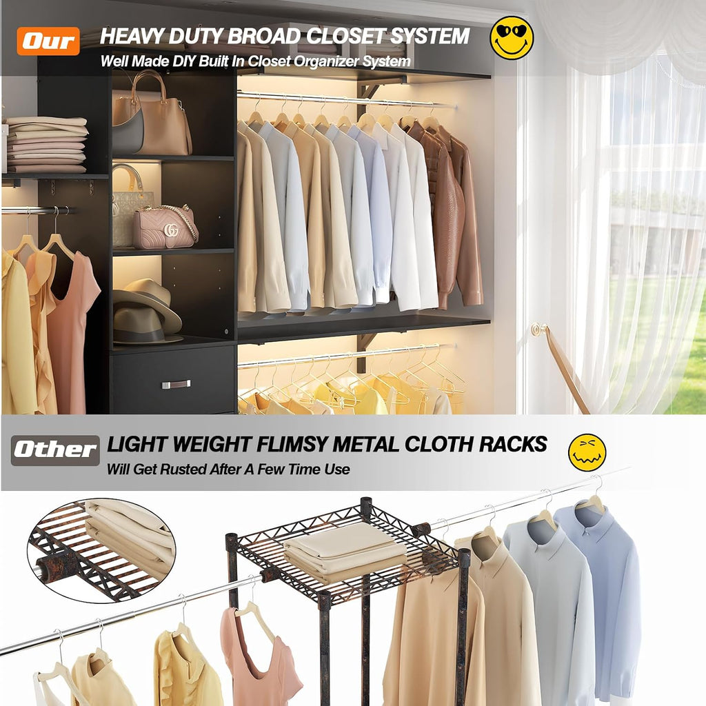 Armocity 120 Inches Closet System, 10FT Walk In Closet Organizer with 3 Shelving Towers, Heavy Duty Clothes Rack with 3 Drawers, Built-In Garment Rack, 120" L x 16" W x 75" H, Max Load 1300 LBS, Black