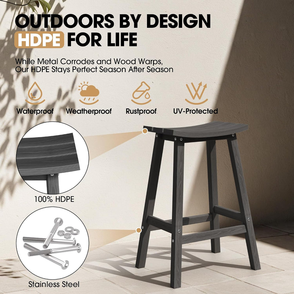 Ciokea 2 Set 29" Outdoor Bar Stools Heavy Duty HDPE Outdoor Stools Weatherproof Waterproof Patio Seats Modern Bar Height Tall BarStools for Bar Deck Balcony Kitchen Yard, Black