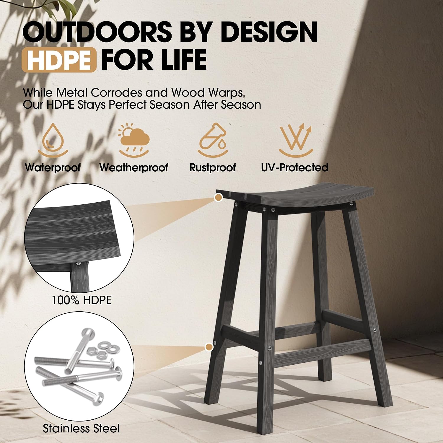Ciokea 2 Set 29" Outdoor Bar Stools Heavy Duty HDPE Outdoor Stools Weatherproof Waterproof Patio Seats Modern Bar Height Tall BarStools for Bar Deck Balcony Kitchen Yard, Black