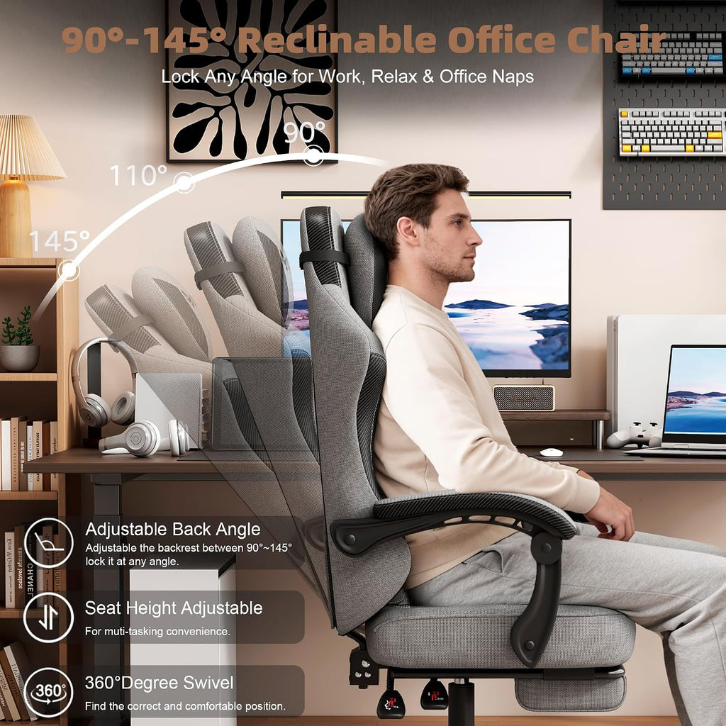 Vonesse Gaming Chair, Office Chair with Linen Breathable Mesh Fabric, Desk Chair with Adjustable Lumbar Support, Executive Computer Chairs with Footrest and Headrest (Gray)