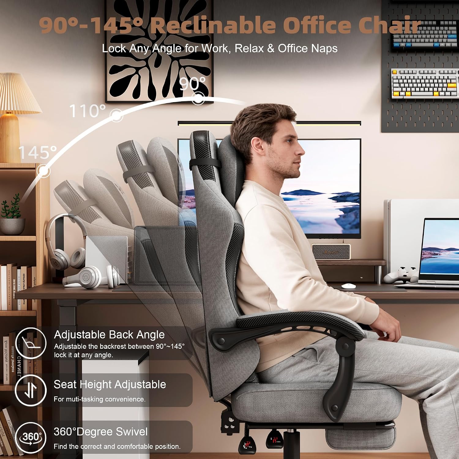 Vonesse Gaming Chair, Office Chair with Linen Breathable Mesh Fabric, Desk Chair with Adjustable Lumbar Support, Executive Computer Chairs with Footrest and Headrest (Gray)