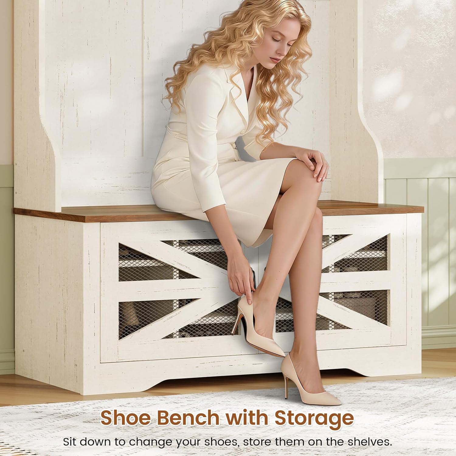 Itaar Hall Tree with Bench and Shoe Storage, 5-in-1 Entryway Bench with Coat Rack, 10 Shoe Cubbies & 9 Coat Hooks, Barn Door & Adjustable Shelf (White)
