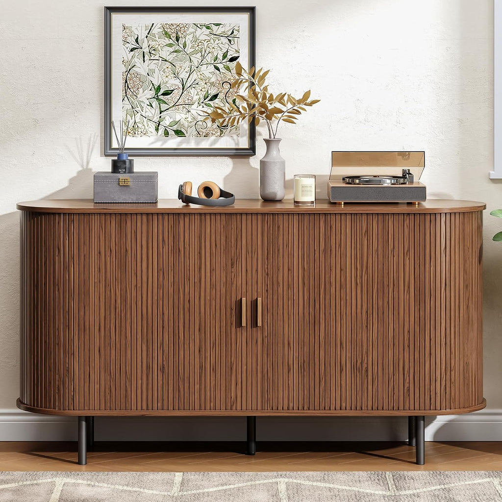 Buffet Cabinet with Storage, 55" Fluted Sideboard Buffet with Sliding Door, Coffee Bar Cabinet with Adjustable Shelf, Console Table, Accent Table for Entryway, Kitchen, Dining Room, Walnut