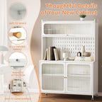Rolling Kitchen Pantry Cabinet with 2 Glass Doors & Adjustable Shelves, Freestanding Metal Storage Credenza Organizer Utility Cupboard for Pantry, Kitchen, Bathroom,White