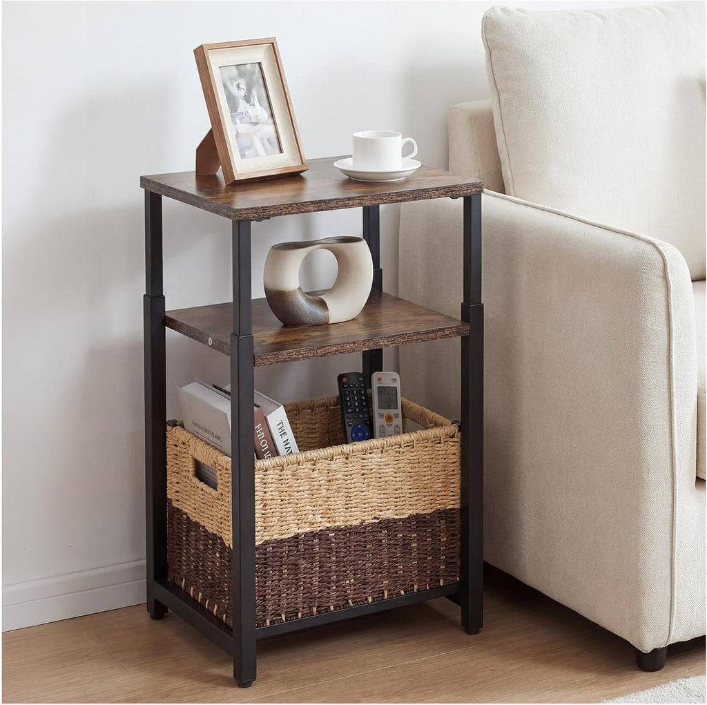 Side Table with Storage Basket, Small End Table with Modern Design and Adjustable Height for Living Room, Bedroom Nightstand Bedside Table for Small Spaces (Rustic Brown + Classic Black)