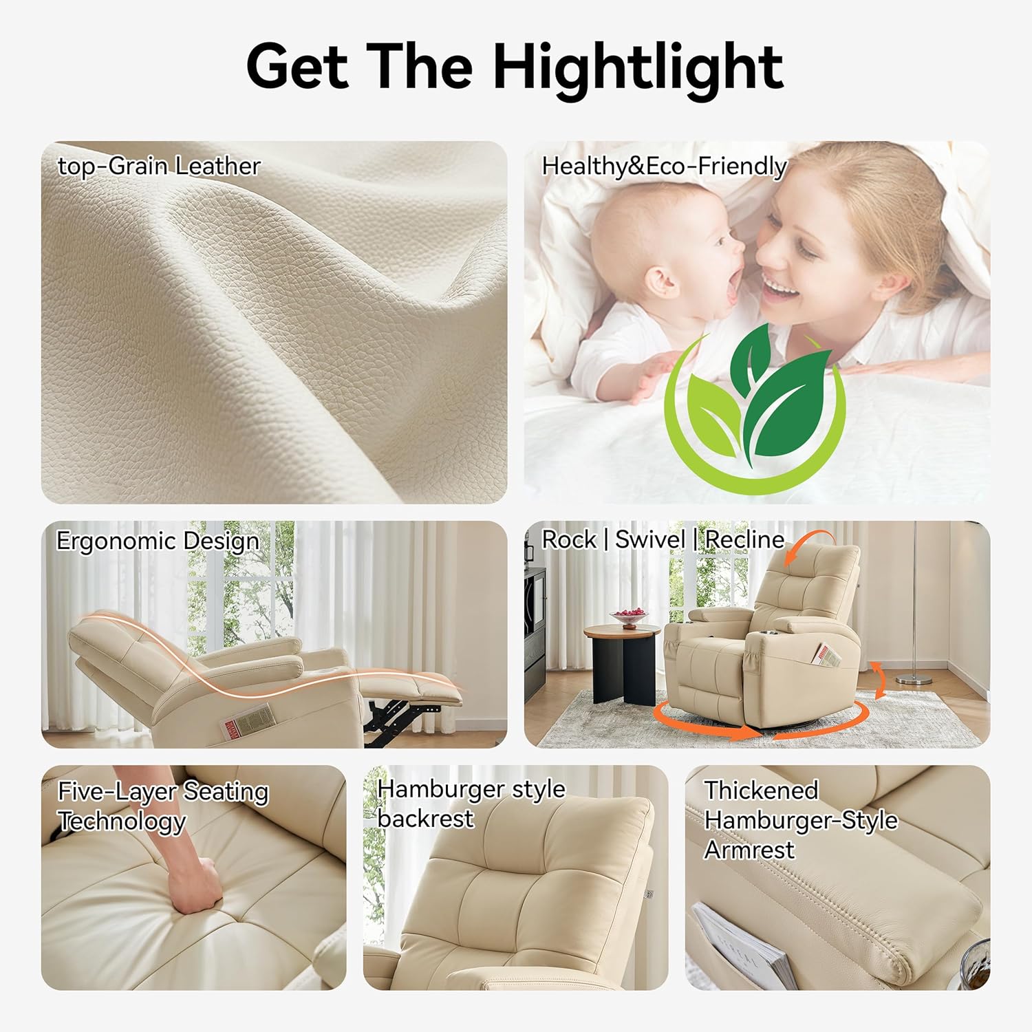 AIRSKY Leather Recliner Chair, Swivel Rocker Recliner Chair, Rocking Chair Nursery, Glider Rocking Chair with Thick Cushion, Oversize Glider Rocking Chair, Nursery Chair with High Back, Beige,R2