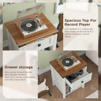 Farmhouse Record Player Stand with Vinyl Record Storage, End Table with Charging Station, Wood Record Holder Cabinet Dispaly Shelf for Living Room,Bedroom,Office,White