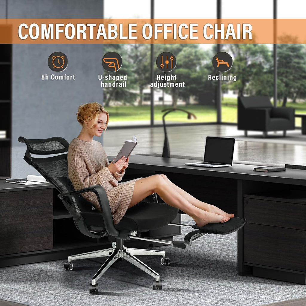Ergonomic Office Chair with Footrest, High Back Desk Chair with Adjustable and Removable Headrest for Waist or Back Support,3 Gear Tilting Backrest,400lbs Weight Capacity Metal Base with Swivel Wheels