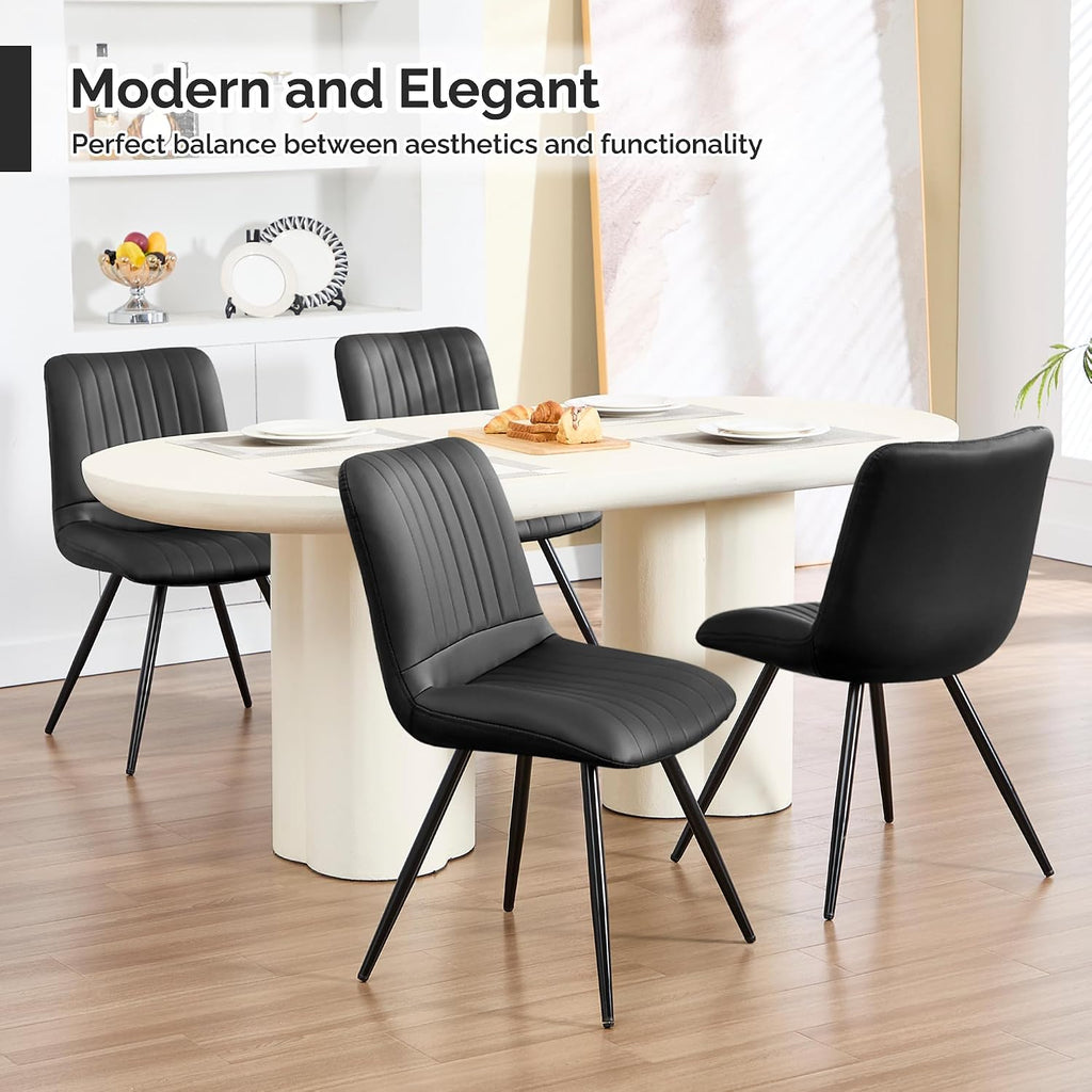 Black Dining Chairs Set of 4, Dining Chairs with Thick Cushions, PU Leather Upholstered Kitchen Dining Room Chairs with Metal Legs for Dining Living Room