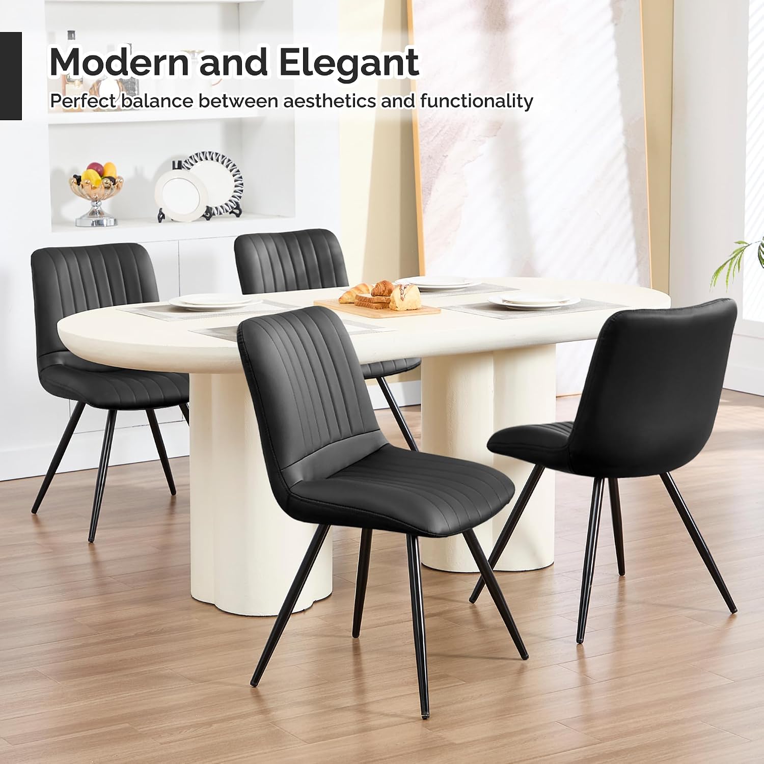 Black Dining Chairs Set of 4, Dining Chairs with Thick Cushions, PU Leather Upholstered Kitchen Dining Room Chairs with Metal Legs for Dining Living Room