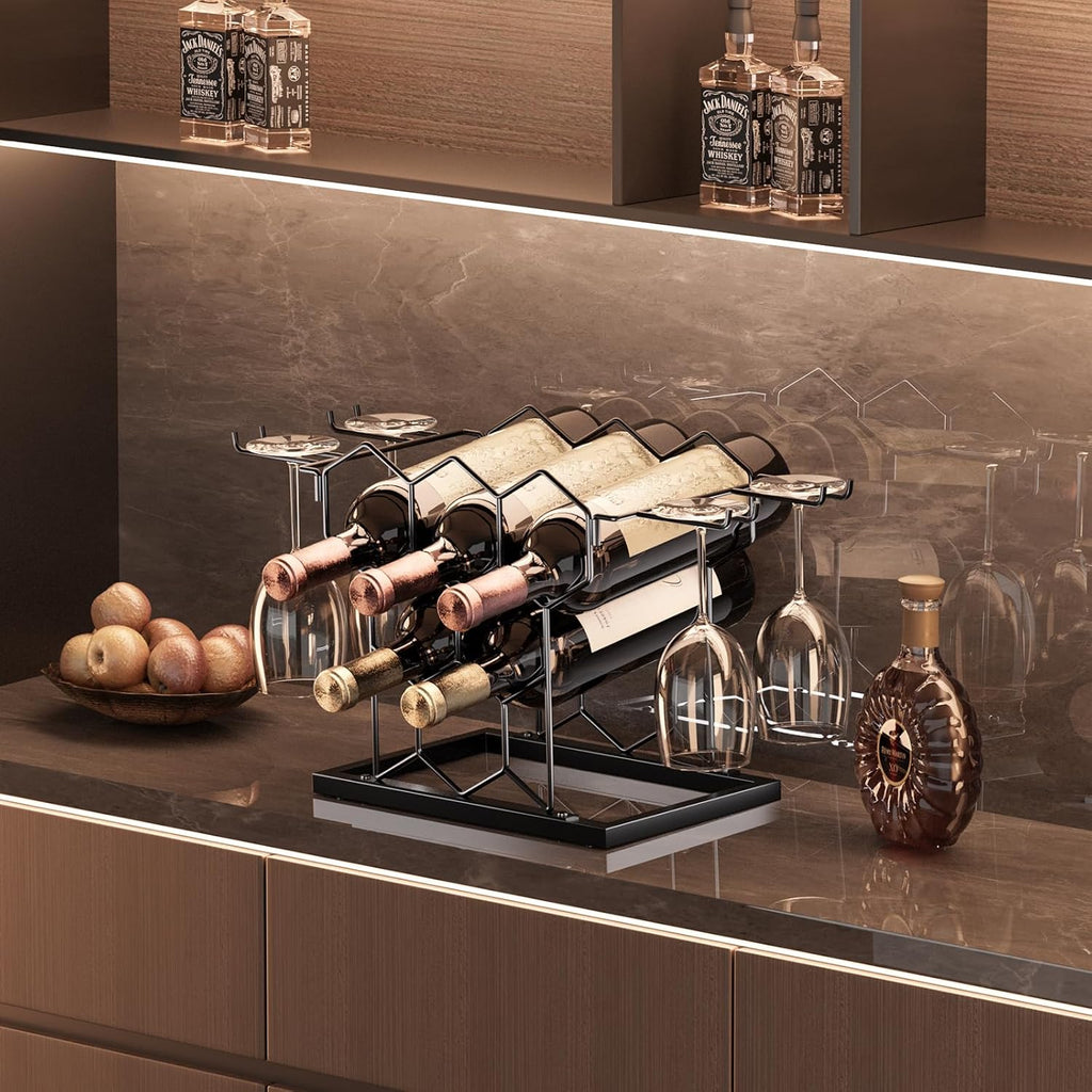 B4Life Countertop Wine Rack 3 Tier, Wine Rack with Glass Holder 8 Bottles, Freestanding Small Liquor Holder Metal, Tabletop Bottle Storage Stand for for Home, Kitchen, Bar, Cellar (Black, 8 Bottles)