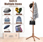 Haddockway Wooden Coat Rack Stand with 8 Hooks New Zealand Pine 3 Adjustable Coat Standing Tree Easy Assembly for Coats, Hats, Scarves and Handbags for Entryway, Hallway, Bedroom, Office