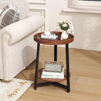 Industrial 2 Tier Round Side Table with Storage Shelf,Accent Tray End Table with Triangular Metal Support, Nightstand Bedside Sofa Table for Living Room, Bedroom, Balcony, Cherry