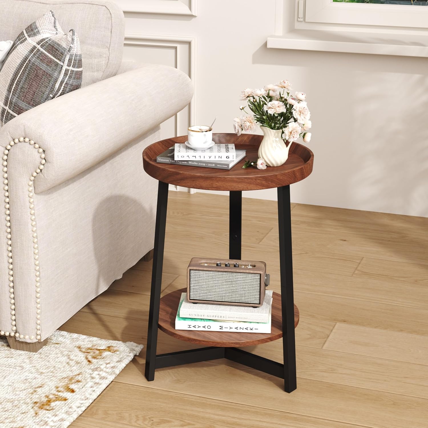 Industrial 2 Tier Round Side Table with Storage Shelf,Accent Tray End Table with Triangular Metal Support, Nightstand Bedside Sofa Table for Living Room, Bedroom, Balcony, Cherry