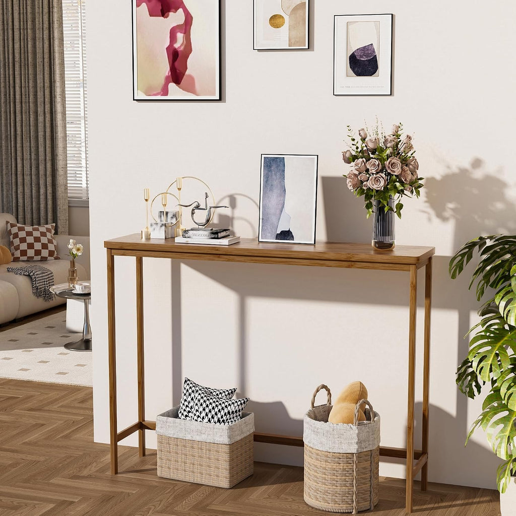 VASMIA Console Table, Entryway Table, Narrow Sofa Table, 39" Bamboo Hallway Table for Entryway, Living Room, Bedroom, Foyer, Walnut