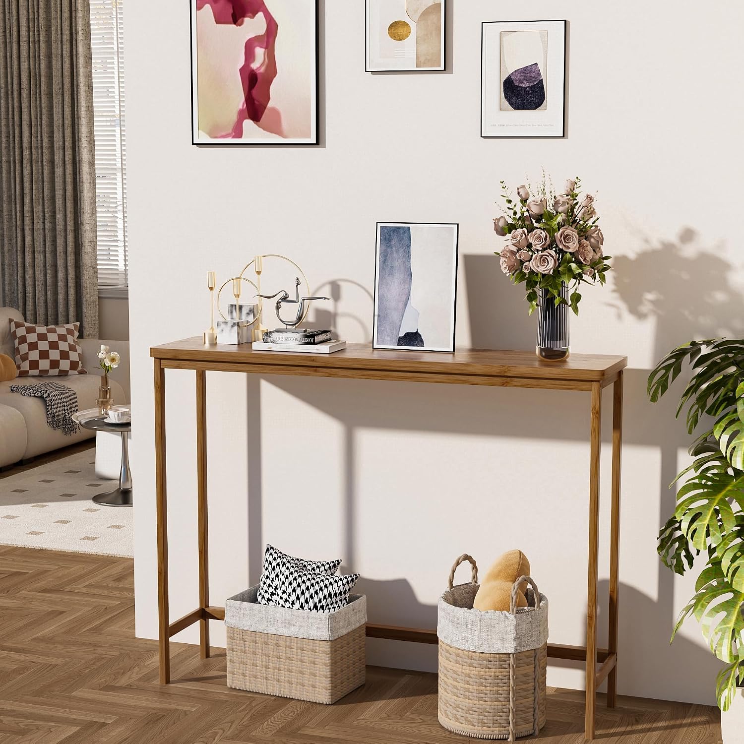 VASMIA Console Table, Entryway Table, Narrow Sofa Table, 39" Bamboo Hallway Table for Entryway, Living Room, Bedroom, Foyer, Walnut