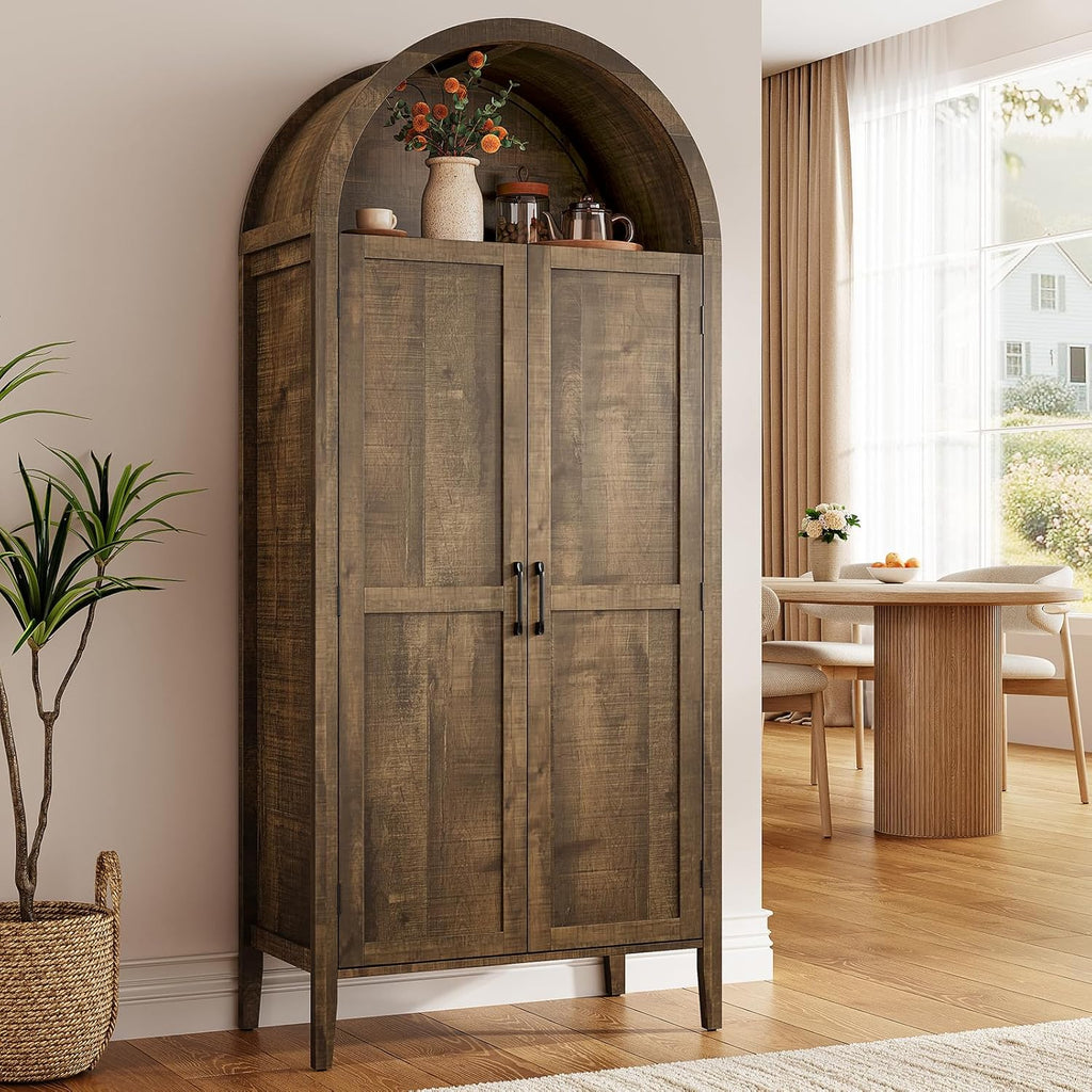 ONBRILL 71" Tall Arched Kitchen Pantry, Storage Cabinet Pantry with 2 Pull-Out Shelves, 6 Door Shelves, Organizer, Freestanding Morden Versatile Cupboard for Kitchen, Dining Room (Rustic Brown)