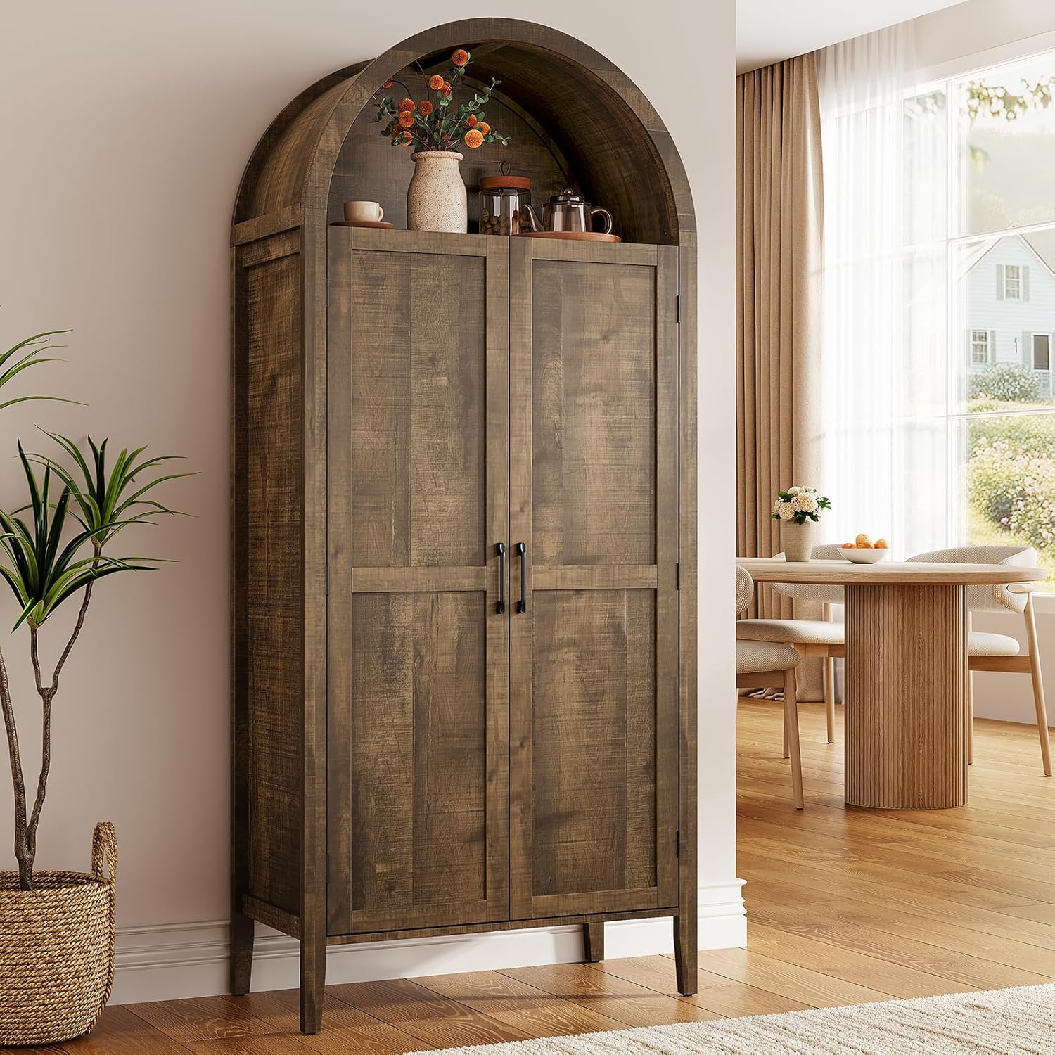ONBRILL 71" Tall Arched Kitchen Pantry, Storage Cabinet Pantry with 2 Pull-Out Shelves, 6 Door Shelves, Organizer, Freestanding Morden Versatile Cupboard for Kitchen, Dining Room (Rustic Brown)