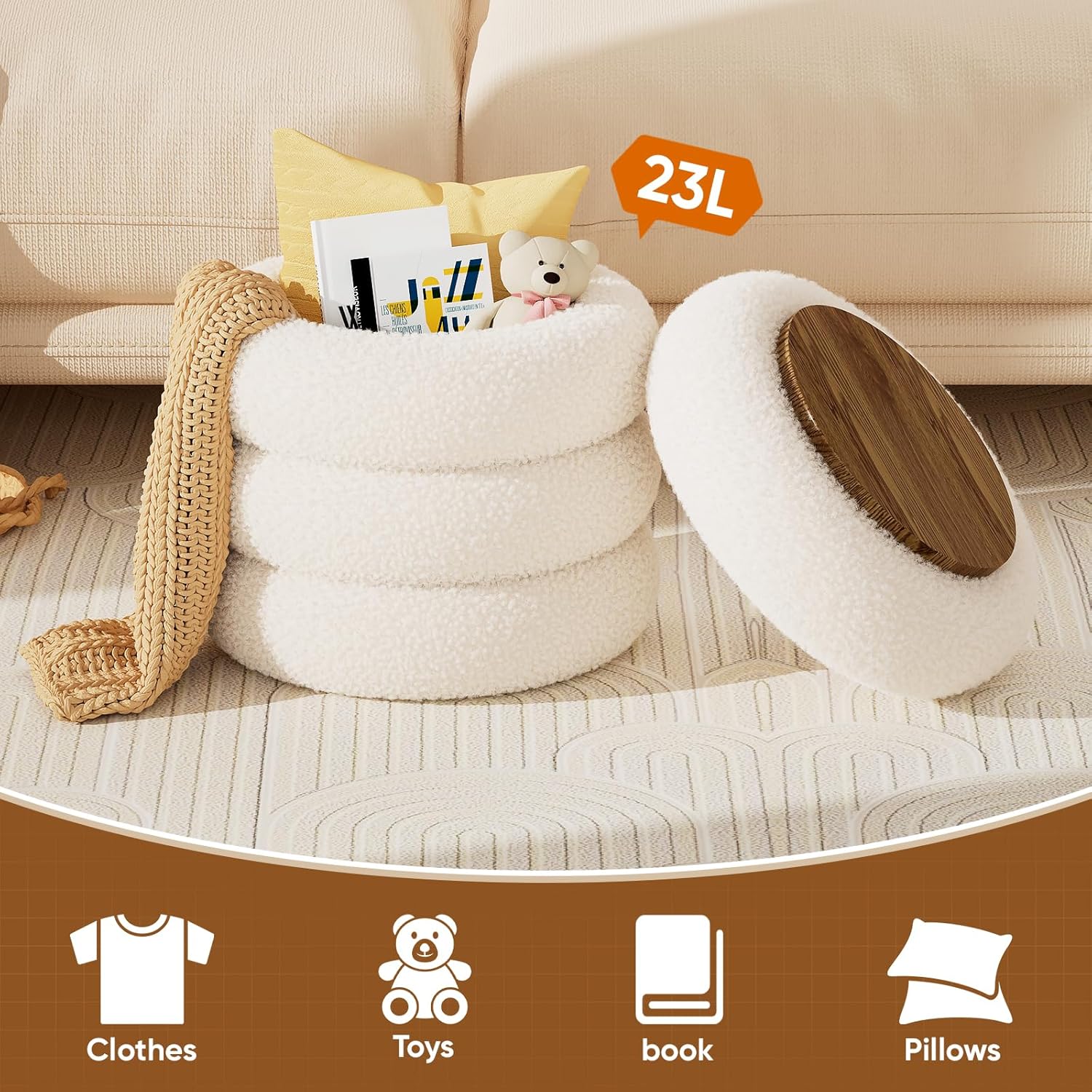 Soft Teddy Round Ottoman with Tray, 17.5 Inches Ottoman Coffee Table with Storage for Living Room, Vanity Stool with Storage Bedroom, Load up to 300 lb, No Assembly Required (White)