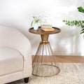 25" Pine Wood & Iron Side Table, End Table with Anti-Slip Concave Top, Small Table with Retro Hollow Design for Indoor Spaces, Antique Gold,Natural