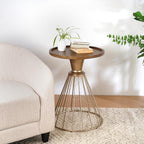25" Pine Wood & Iron Side Table, End Table with Anti-Slip Concave Top, Small Table with Retro Hollow Design for Indoor Spaces, Antique Gold,Natural