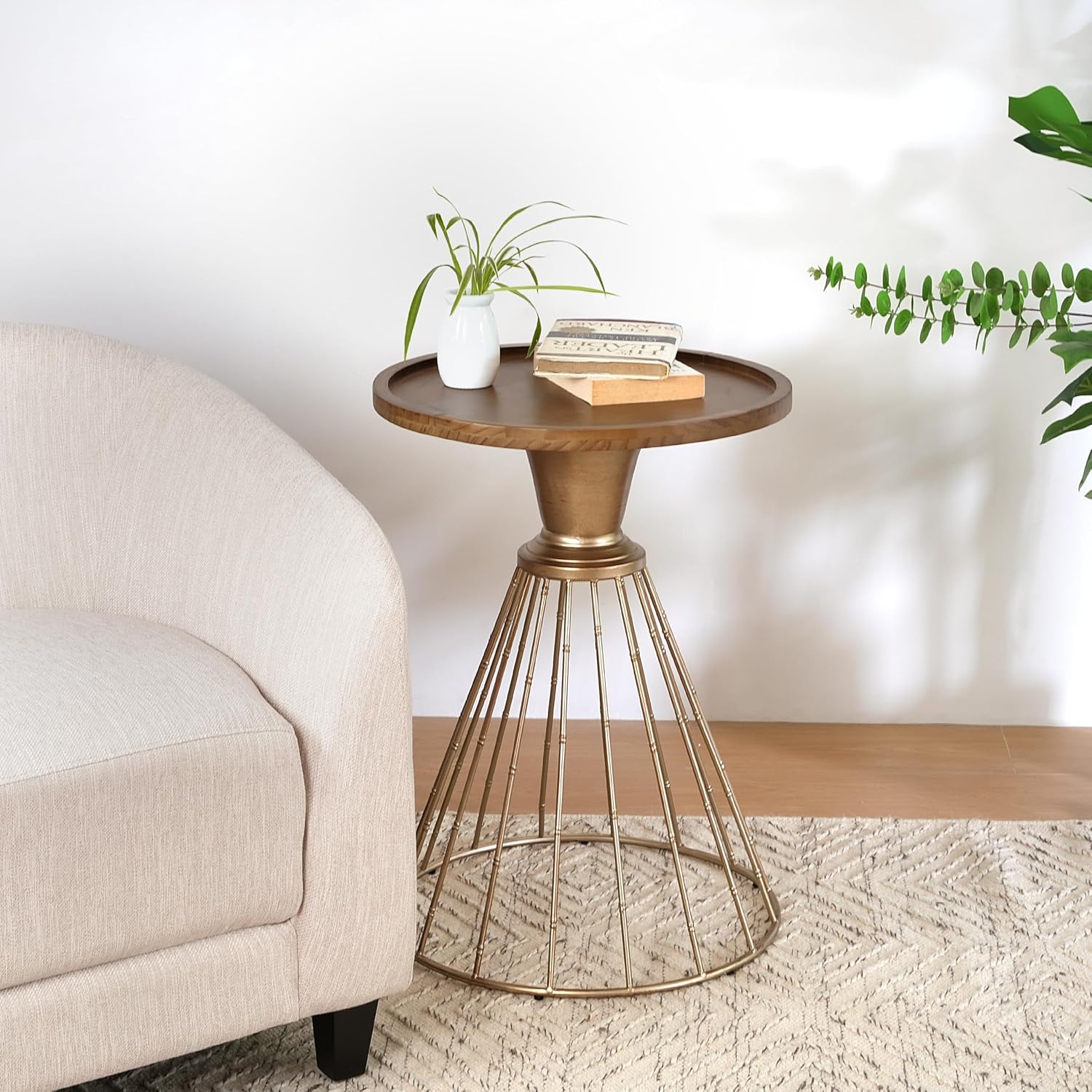25" Pine Wood & Iron Side Table, End Table with Anti-Slip Concave Top, Small Table with Retro Hollow Design for Indoor Spaces, Antique Gold,Natural