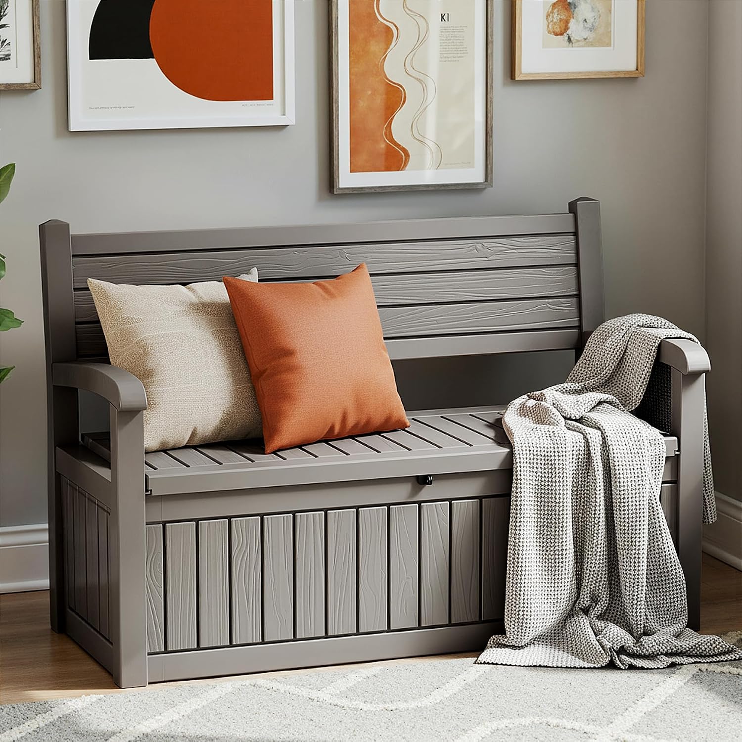 80 Gallon Outdoor Storage Bench Spacious Storage Box Waterproof Resin Deck Box Lockable for Patio, Garden, Livig Room & Outdoor Spaces（Grey）