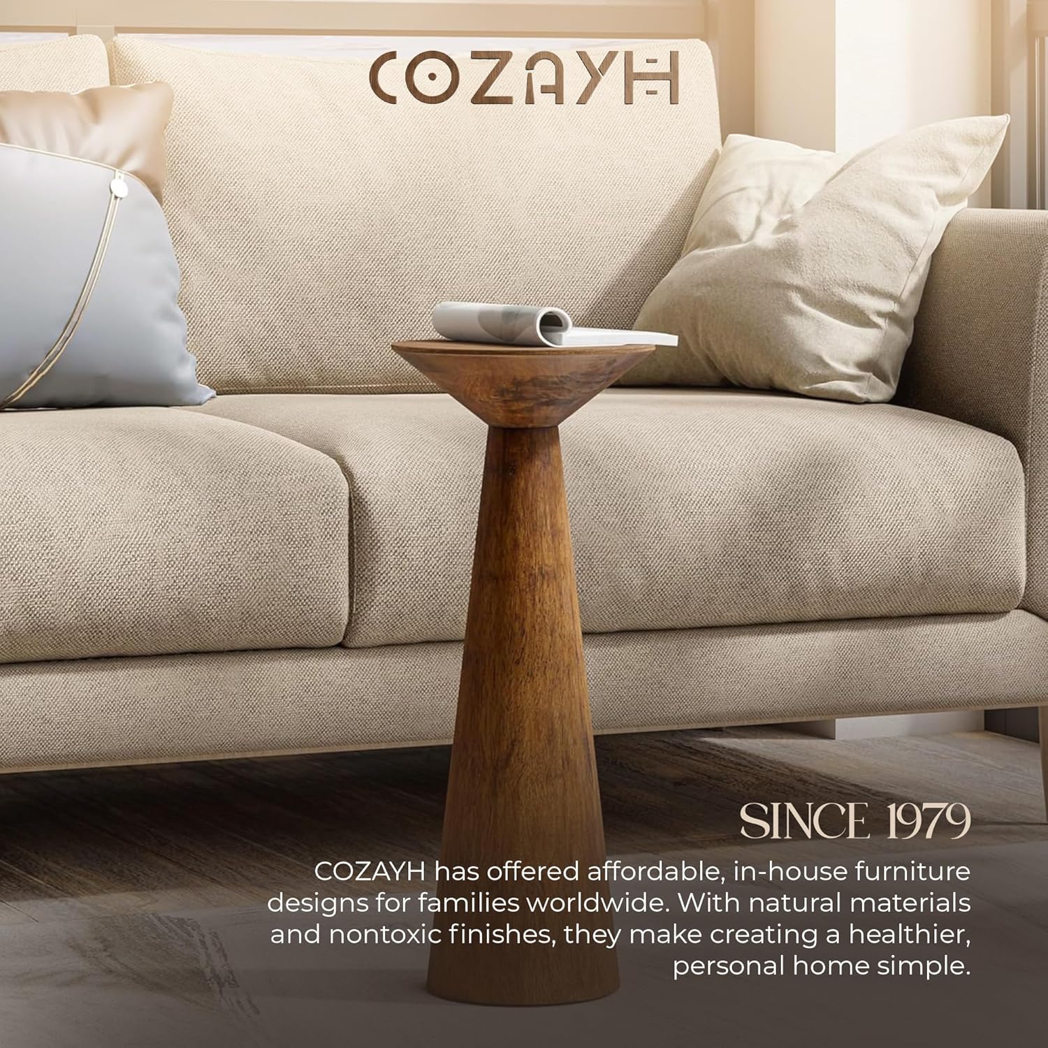 COZAYH Set of 2 22.8-Inch Tall Round Martini End Table, Walnut – Solid Pine Wood Pedestal Accent Drink Stand with Tapered Base – Farmhouse Modern Furniture for Living Room, Bedroom & Small Spaces