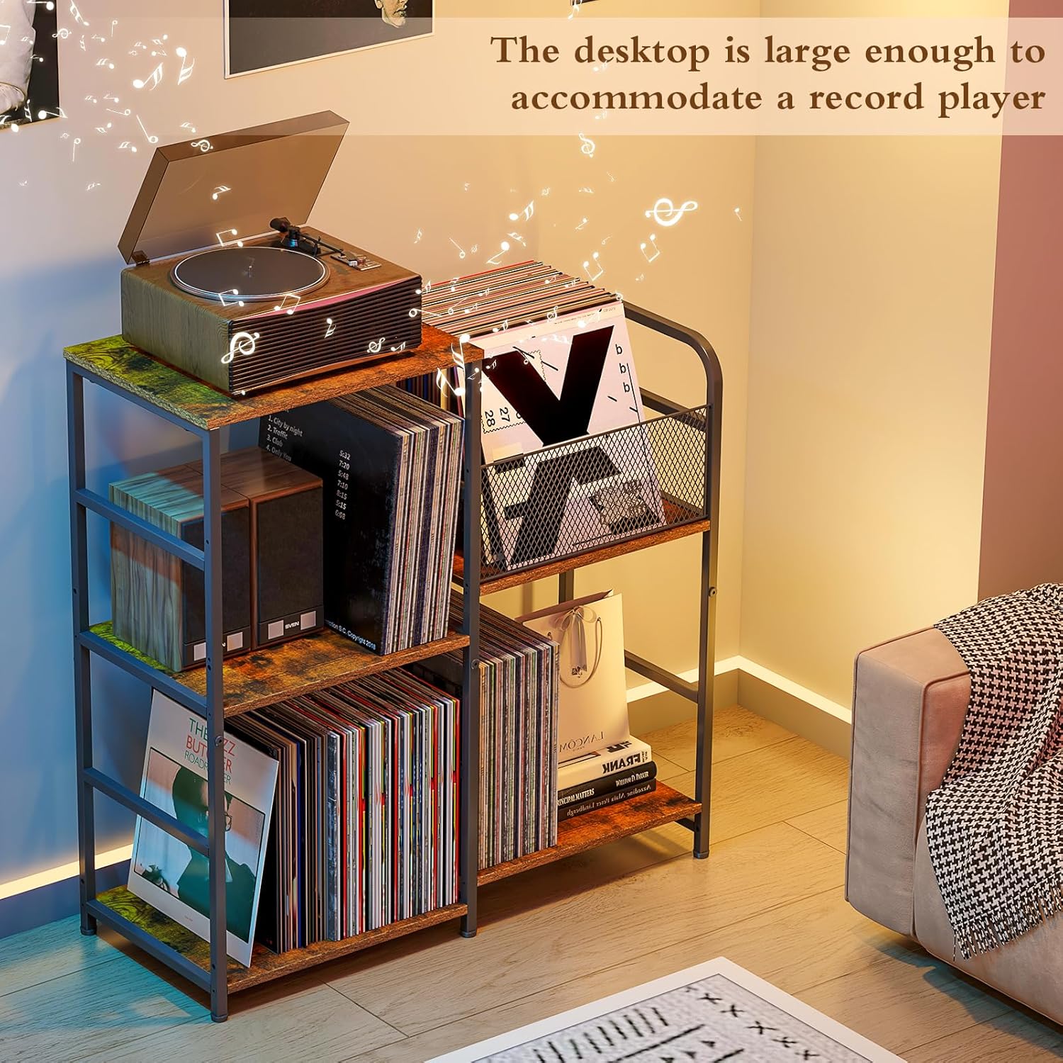 ThreeHio Record Player Stand, Turntable Stand with Vinyl Storage Holds up to 300+ Albums, Storage Cabinet for Vinyl Records, Record Player Table for Living Room