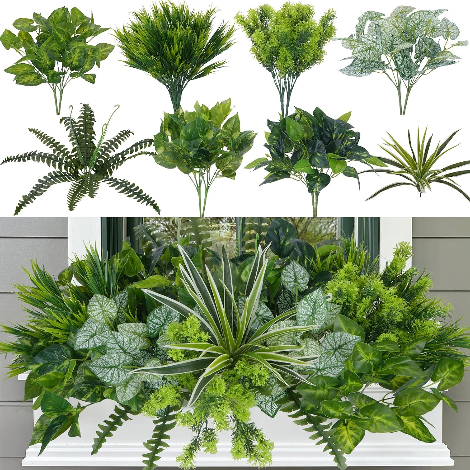 18 Bundles Artificial Greenery for Outdoors, Artificial Outdoor Plants UV Resistant Fake Spider Fern Coleus Plant Faux Bushes Leaves for Outside Window Box Patio Garden Front Porch Yard Summer Decor