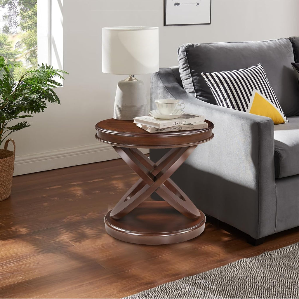 Round End Table 22 Inch with Solid Wood Veneer, Vintage Small Side Tables with Round Base, X-Design Accent Table Decor for Living Room/Small Space/Bedroom, Walnut
