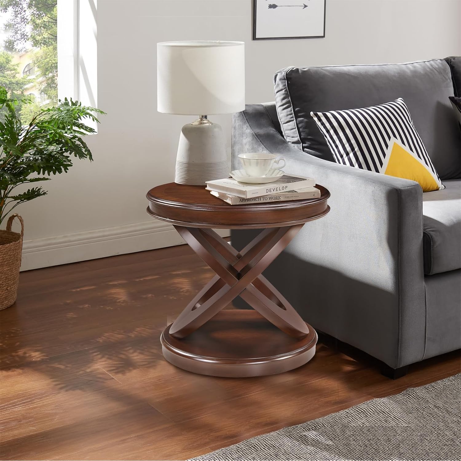 Round End Table 22 Inch with Solid Wood Veneer, Vintage Small Side Tables with Round Base, X-Design Accent Table Decor for Living Room/Small Space/Bedroom, Walnut