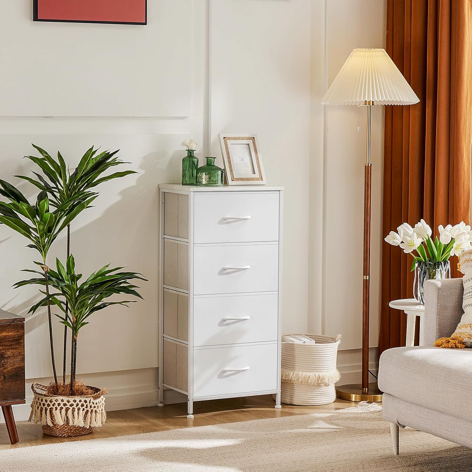DUMOS Nightstand Bedside Table with 4 Drawers, Removable Fabric Bins with Steel Frame Wood Top, Organizer Furniture for Bedroom Closet Living Room, Chalky