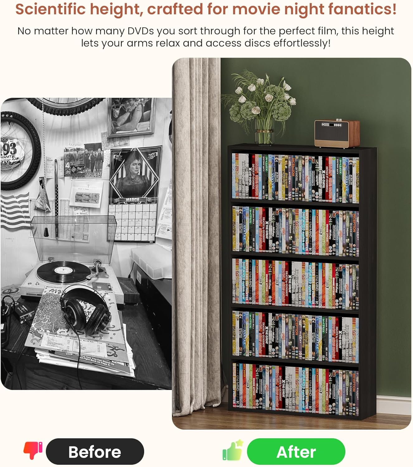 DVD Storage Cabinet Shelf, 5 Tier Media Storage Tower for CDs & Video Games, Freestanding Organizer Shelf for Living Room Home Office, Holds 200+ DVDs(Black)