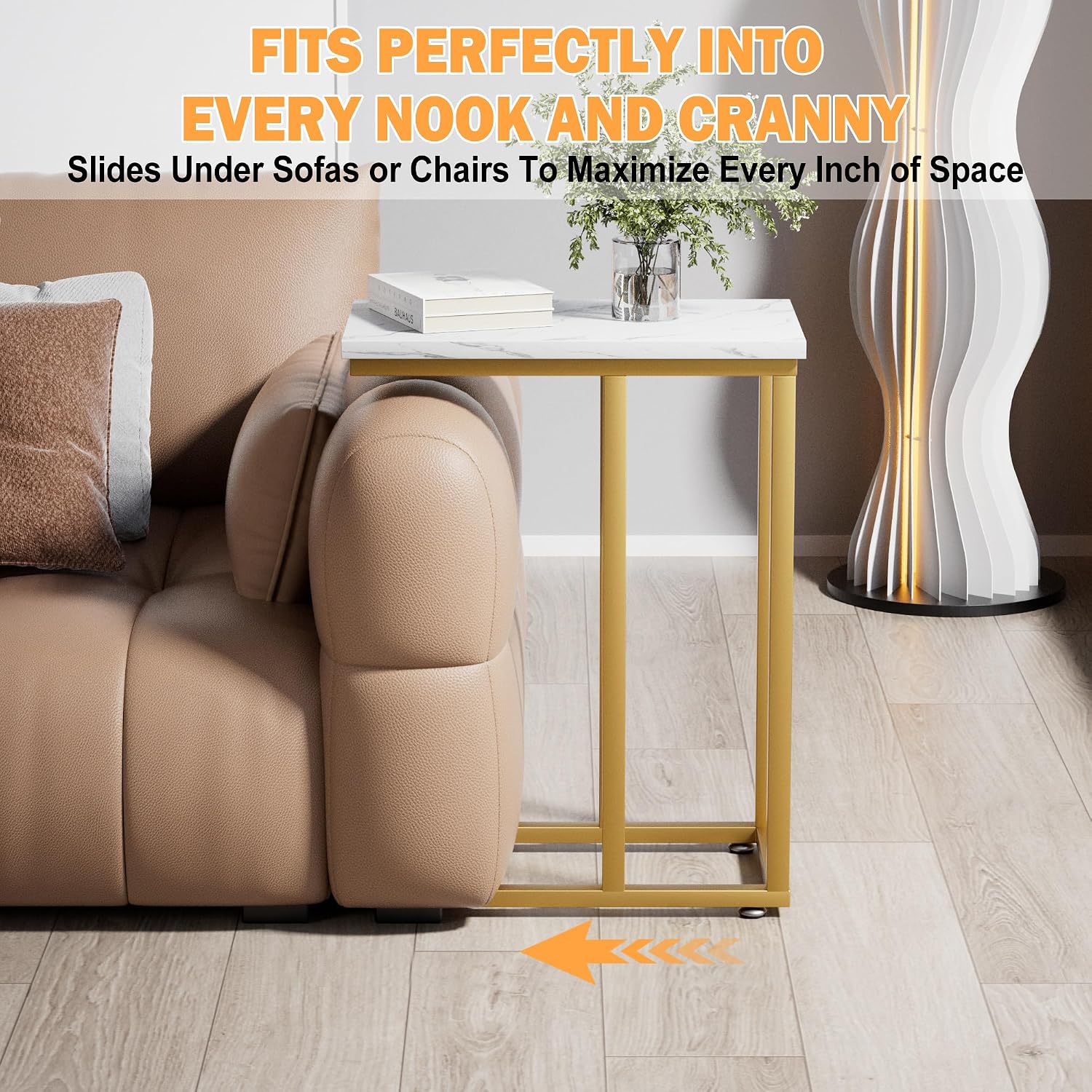 VECELO Universal C-Shaped Side Table, Multi-Functional Snack & TV Tray for Living Room, Bedroom, Gold (2 Set)