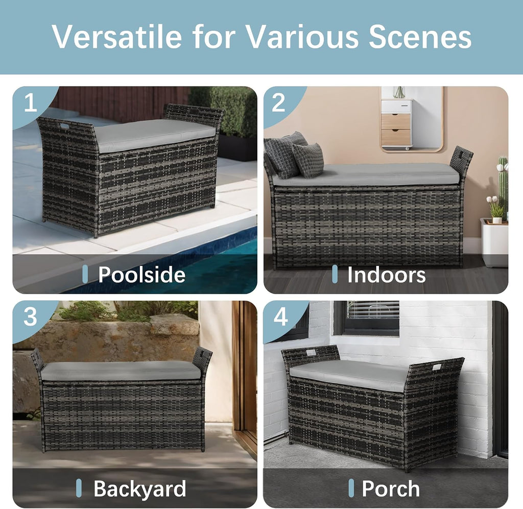 Oakcloud 75 Gallon Patio Storage Bench, Outdoor Wicher Garden Furniture Storage Deck Box Bench with Handles and Cushion, Grey