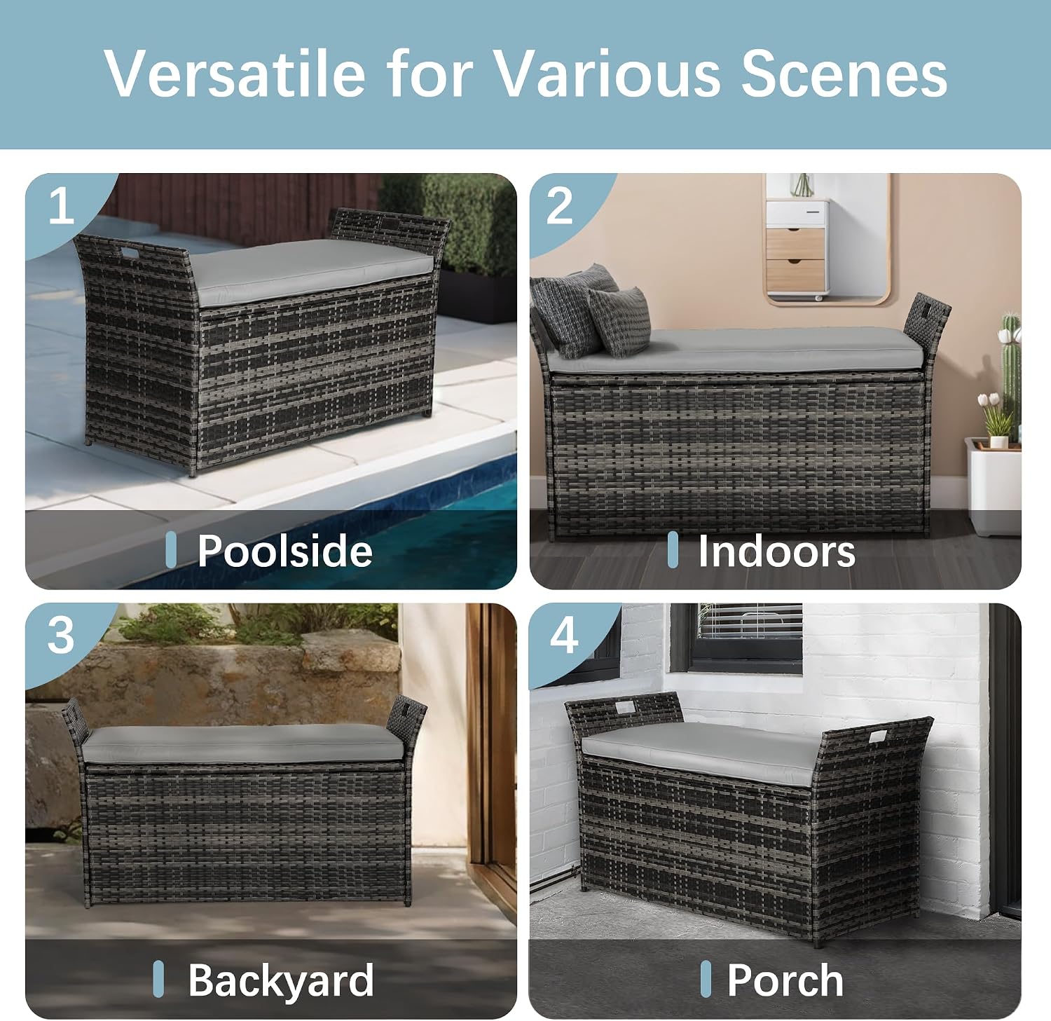 Oakcloud 75 Gallon Patio Storage Bench, Outdoor Wicher Garden Furniture Storage Deck Box Bench with Handles and Cushion, Grey