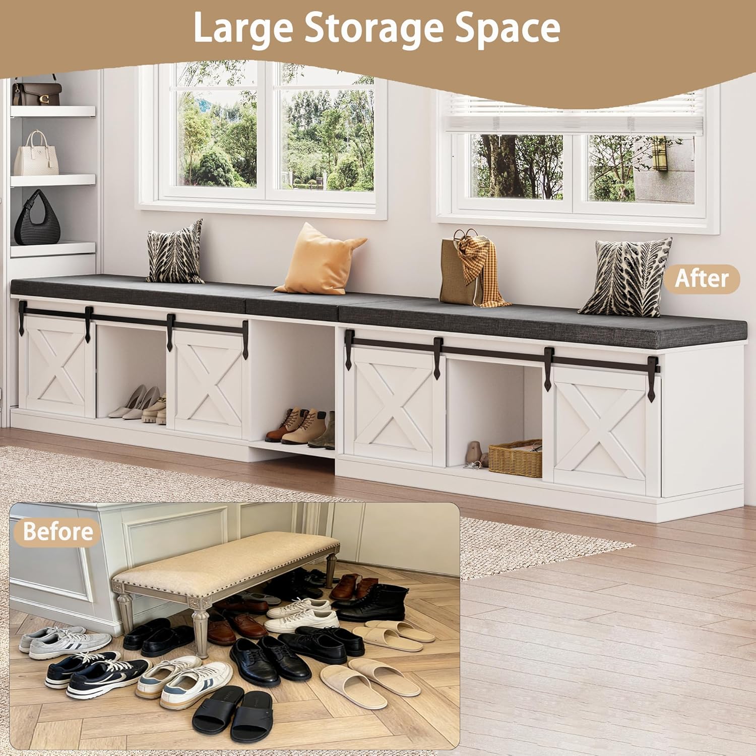 L Shaped Corner Bench with Storage, Farmhouse Breakfast Nook with Cushion & Sliding Barn Door, Entryway Shoe Storage Bench, Kitchen, Dining Room, Living Room, White & Grey