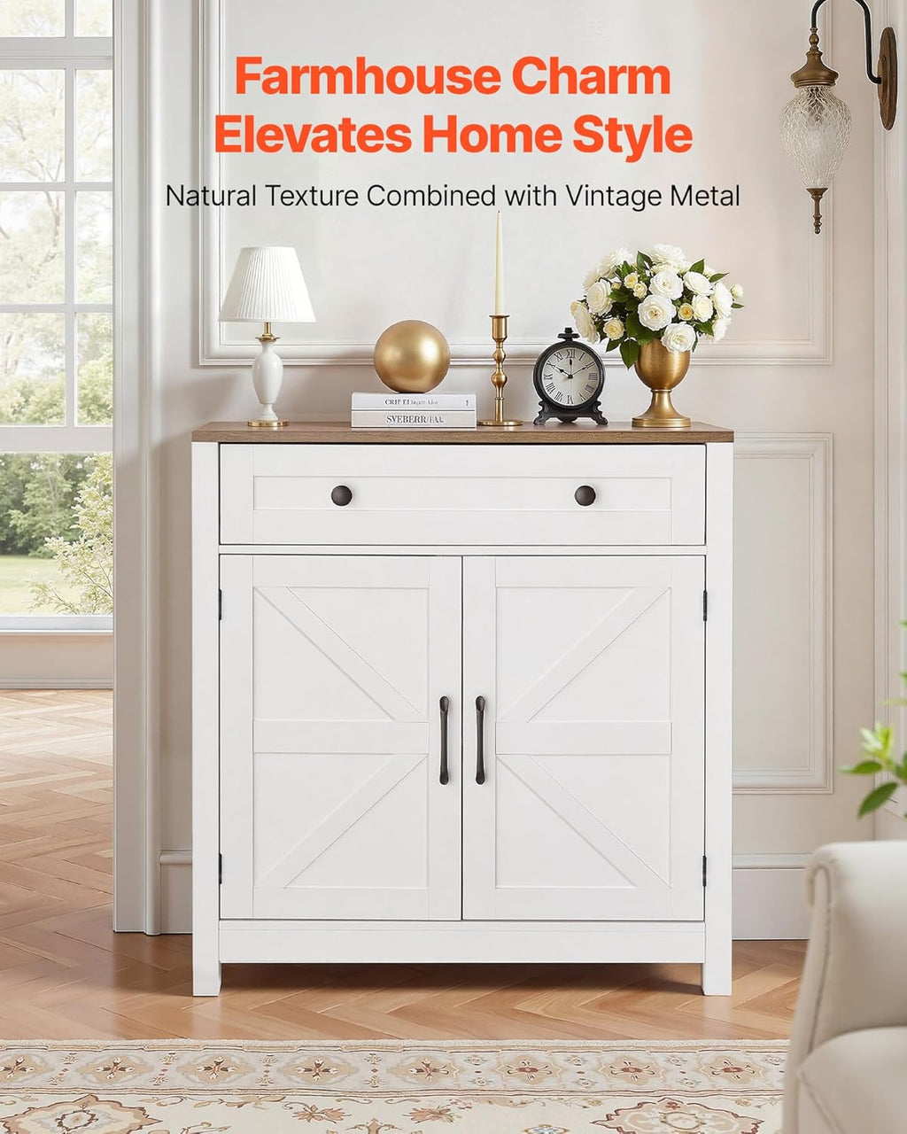 VEVOR Buffet Cabinet, Farmhouse Sideboard Cabinet with Drawer, 30" Coffee Bar Cabinet with Adjustable Shelves & 2 Barn Door, Sideboard Buffet Station for Living Room, Entryway, Kitchen, White