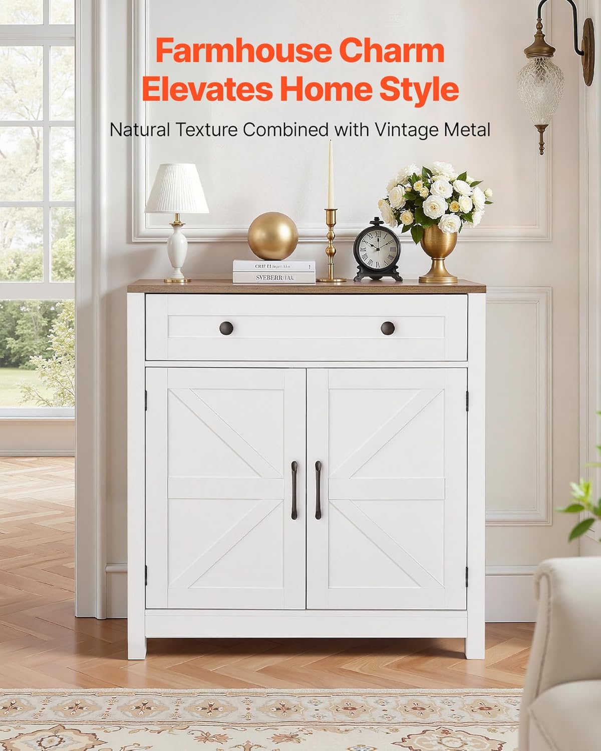 VEVOR Buffet Cabinet, Farmhouse Sideboard Cabinet with Drawer, 30" Coffee Bar Cabinet with Adjustable Shelves & 2 Barn Door, Sideboard Buffet Station for Living Room, Entryway, Kitchen, White